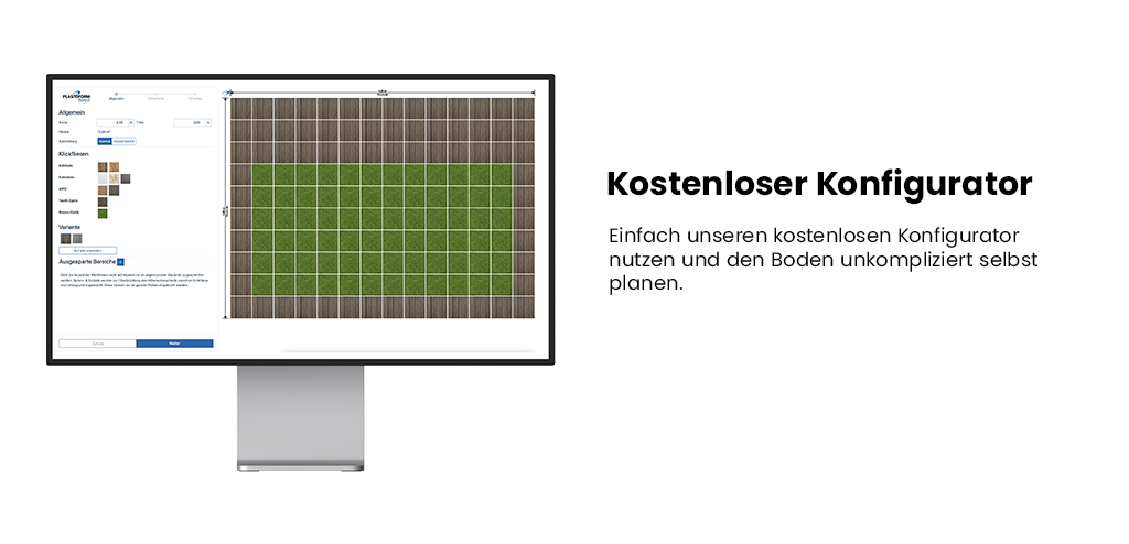 Der Klickfliesen Konfigurator von Florco auf einem Bildschirm. Mit einem Hinweis, dass der Konfigurator kostenlos zur Verfügung steht.
